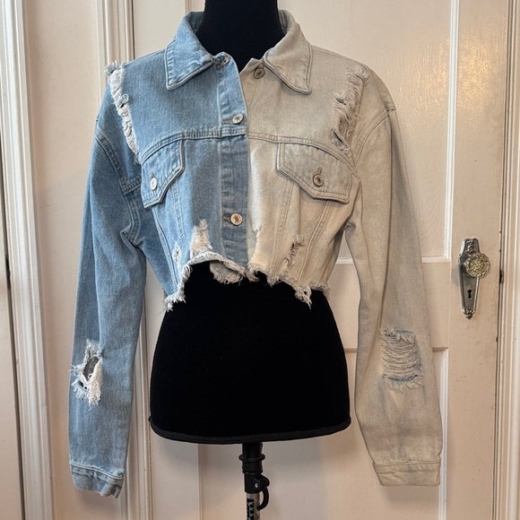 SHEIN Jackets & Blazers - SHEIN Blue Two Tone Distressed Denim Jacket Women’s Size L